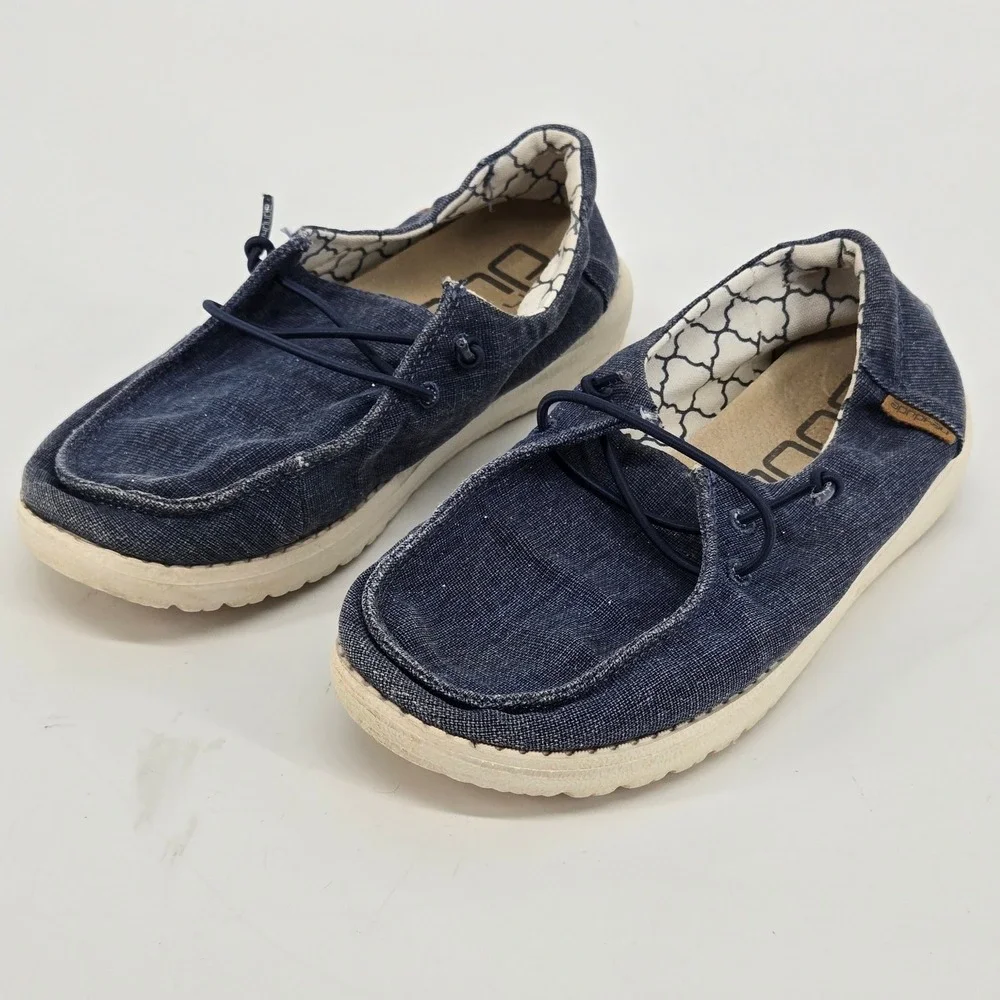 HeyDude Wendy Youth Sparkling Denim Blue Canvas Loafer Slip On Shoes Size 2